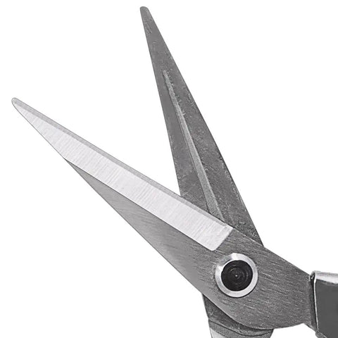 Close-up of dual straight-edge blades on harvest shear for garden and floral tasks, heat-treated stainless steel, rust resistant finish.