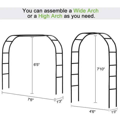 Metal Garden Arbor Wedding Arch Black, Adjustable Two Size Options Pergola Style For Climbing Roses And Vines, dimensions shown