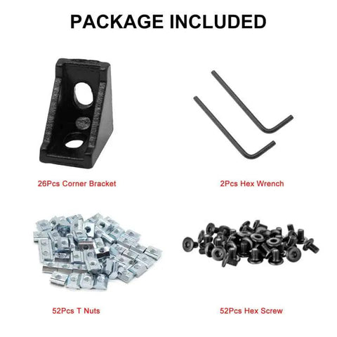26Pcs 2020 Corner Bracket Set For Aluminum Extrusion 8020 V Slot T Slot 3D Printer Frames Plug And Play Includes 52 M5 T Slot Nuts, 52 M5x8mm Screws, And 2 M3 Hex Wrenches, with packaging components displayed