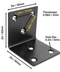 Detailed view of a heavy duty black corner brace, 50mm stainless steel, with measurements for use in furniture builds.