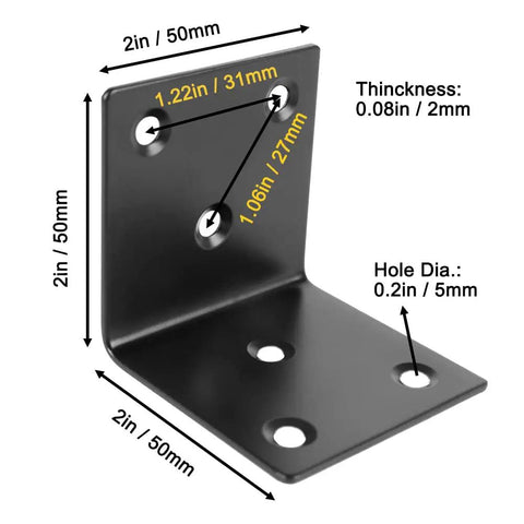 Detailed view of a heavy duty black corner brace, 50mm stainless steel, with measurements for use in furniture builds.