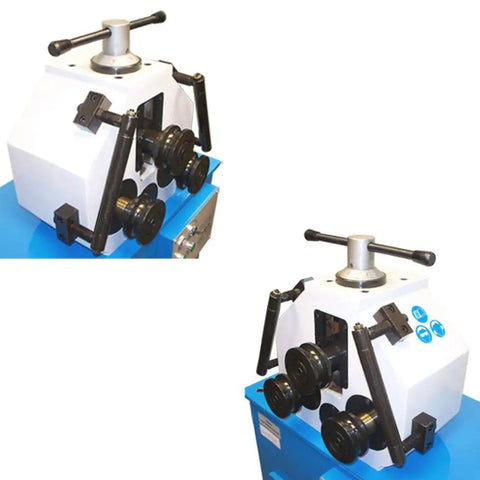 Top Tier 1.5HP Ring Roller Bender With Three Phase Induction Motor, close-up view of bending wheels and handles.