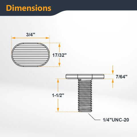 Detailed diagram of 1/4-20 T Track Bolts Kit for T Slot Jigs showing dimensions and thread size for woodworking fixtures.
