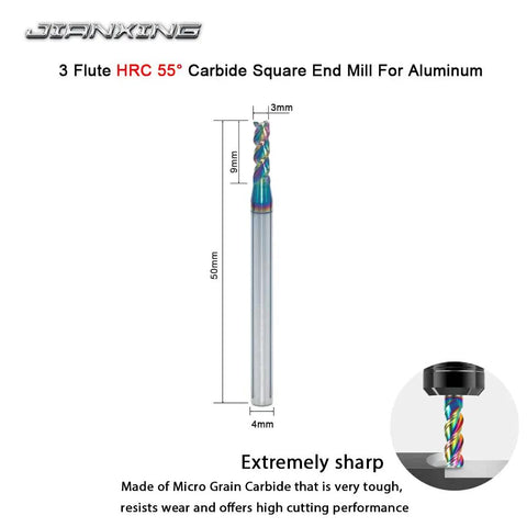 3mm Pro Grade Carbide Square End Mill Set For Aluminum And Copper CNC Router Bits 3 Flute HRC 55 50mm Length 4mm Shank DLC Coating Includes 3 Pieces Great For Aluminum Alloys And Copper Alloys In CNC Routing Projects, showing a single colorful end mill with size labels.