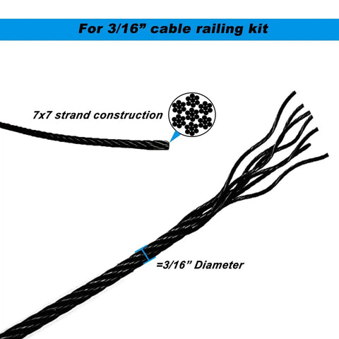 Heavy Duty Black Three Sixteenth Inch Wire Rope Cable In T316 Stainless Steel Marine Grade, showing 7x7 strand construction