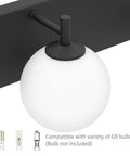 Close-up of Slick Matte Black 4 Lights Bathroom Vanity Light Fixtures With Milky Glass Globes, G9 bulb compatibility shown