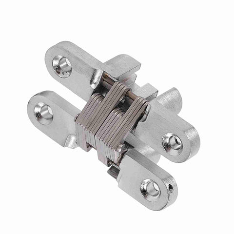 Close-up view of 180 Degree Zinc Alloy Hidden Folding Door Cross Hinges, visible in rustproof heavy-duty material, for cabinets and sliding doors.