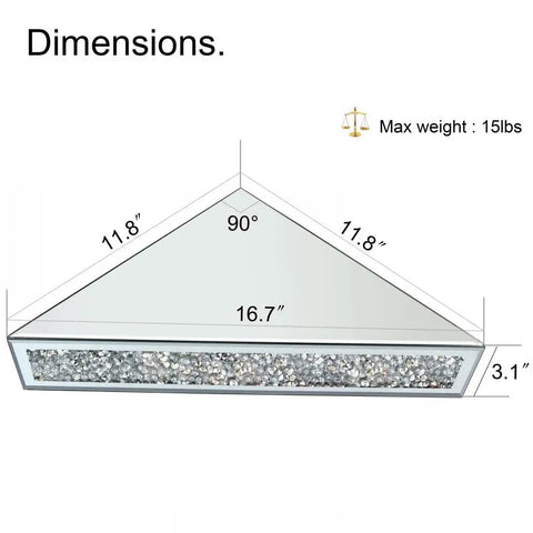 Dope Triangular Floating Corner Shelves Set Of 2 In Silver Mirror Finish With Crushed Diamond Under Glass 90 Degree Dimensions
