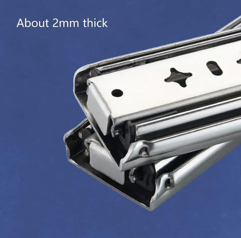 Heavy Duty 900mm Full Extension Drawer Slides With Rock Solid Ball Bearing Tracks For Smooth Cabinet Action, showing 2mm thick steel construction.