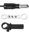 Cordless Pop Rivet Gun Adapter Kit With Four Rivet Heads 2.4mm 3.2mm 4.0mm 4.8mm For Quick On Demand Riveting And A Tough Aluminum Alloy Head Durable Nut Tool Easy Pop Riveter Insert displayed with tools