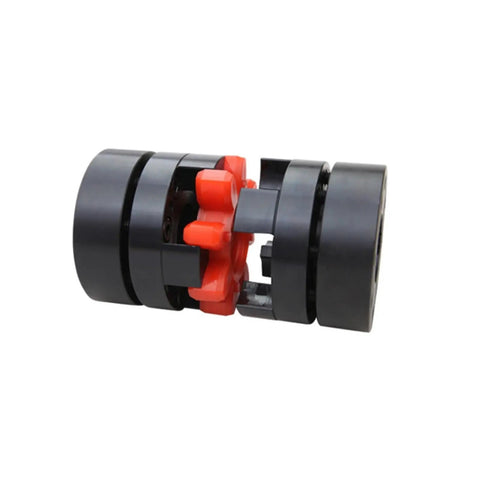 XL Star Type Jaw Coupling With Shock Absorbing Rubber Spider Center Built Like A Tank For Heavy Duty Motor Drives showing black steel and red rubber components.