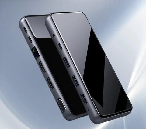 Sleek Usb C Docking Station For Triple Monitors With Usb 3.0 Ports And Dual Card Slots In Heavy Duty Aluminum Build, side angle view.