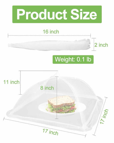 Six Pack Mesh Food Covers 17x17 Inches Pop Up Patio Net with size dimensions and sandwich inside white nylon tent