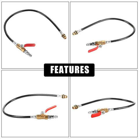 Heavy Duty Engine Air Valve Port Adapter M12 M14 To One Quarter Npt Brass Plug With Thick Rubber Hose For LS Series V8 Motors from different angles.