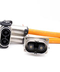 Heavy Duty High Voltage Safety Lock Connector 2 Pin Plug And Socket 125 Amp Rated Right Angle with metal housing and orange wiring.