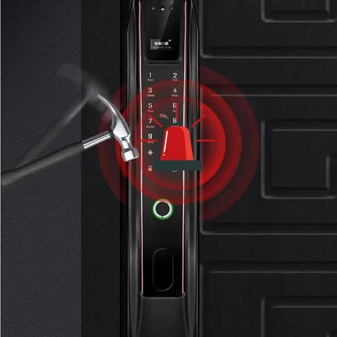 Smart Video Door Lock With Digital Fingerprint Scanner And Remote Access featuring security alert while under hammer attack.