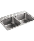 Cadence Stainless Steel 33x22 Inch Top Mount Double Basin Kitchen Sink With Four Faucet Holes Built In Sound Absorption