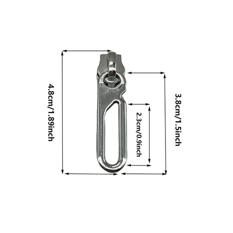 Heavy Duty Size Five Zipper Pulls 30 Pack Metal Slider Heads For Purses Bags Luggage Jackets Backpacks And Tents Quick Swap Replacement Durable Nickel Silver Finish. Close-up view showing dimensions.
