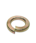 Premium Grade 8 Hardened Yellow Zinc Plated Steel Split Lock Washer close-up, 1-1/4 inch size, ideal for industrial fastening.