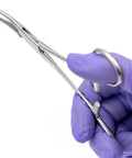 Curved Precision Kelly Forceps Locking Tweezers Clamp, 5.5 Inch Stainless Steel Medical Grasp Tool For Doctors, Nurses, EMTs And Home Use, Fine Tip, Strong Locking Mechanism For Delicate Small Item Clamping, held in gloved hand