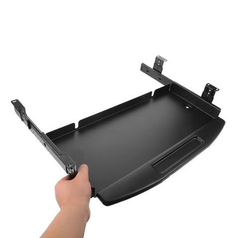 Ergonomic Under Desk Keyboard Tray With Slick Slide Out Gliding Platform And Contoured Wrist Support Plus Hidden Cable Routing, shown being held.