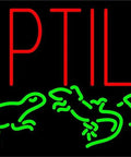 LED neon sign for reptiles with red text and green lizard design, suitable for clubs, workshops, and storefronts.
