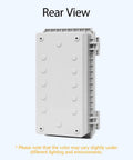 Rear view of All-Weather Electrical Junction Box With Hinged Clear Cover Heavy-Duty ABS Enclosure IP67 Waterproof, wall brackets visible.