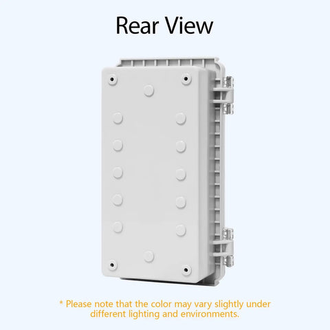 Rear view of All-Weather Electrical Junction Box With Hinged Clear Cover Heavy-Duty ABS Enclosure IP67 Waterproof, wall brackets visible.