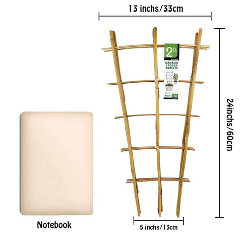 Sturdy Bamboo Garden Trellis Set Of 3, 24 Inch Tall Ladder Style Plant Support next to notebook for scale
