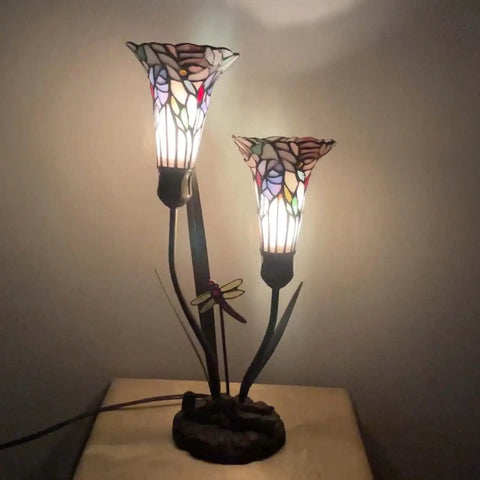 Lily Flowers And Dragonfly Tiffany Style Stained Glass Table Lamp 19 Inch Tall Handcrafted Accent Lighting With Warm White Glow