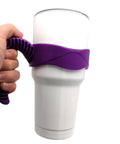 30 Oz Tumbler Handle With Anti Slip Grip For Vacuum Insulated Mugs shown in use, purple handle fitting a white 30 oz tumbler