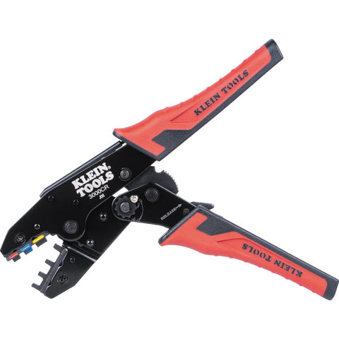 Ratchet Crimping Tool Set With Four Interchangeable Dies for Heat Shrink Terminals and Ferrules, side view.