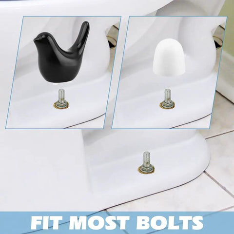 2 Pack Ceramic Bird Toilet Bolt Covers Straight Up Hide Rusty Floor Screws Smooth As Butter While Boosting Your Bathroom Vibes With Fly Decorative Screw Caps And Chic Home Fixtures, showing black bird and white cap fit on toilet bolts.