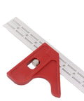Premium Adjustable Woodworking Caliper And Straight Ruler With No Sweat Grip on a work surface for precise angle reading.