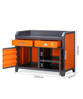 Heavy Duty Badass Workbench With Pegboard And Two Lockable Drawers Plus Sizable Two Tier Shelves For Tough No Sweat Tool Storage In Your Garage Or Workshop Large Setup side view showing drawers and dimensions.