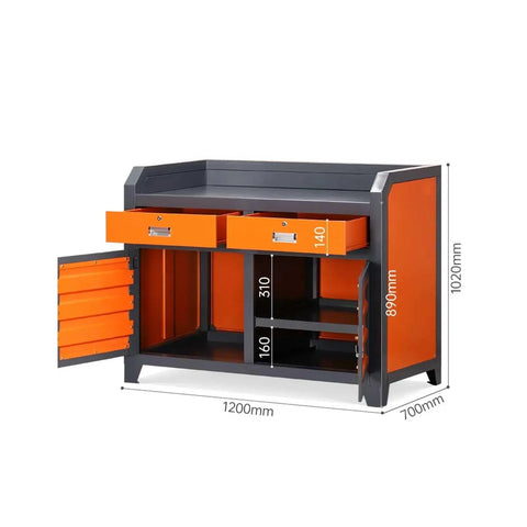 Heavy Duty Badass Workbench With Pegboard And Two Lockable Drawers Plus Sizable Two Tier Shelves For Tough No Sweat Tool Storage In Your Garage Or Workshop Large Setup side view showing drawers and dimensions.