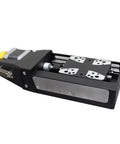 Rock Solid Precision Motorized Linear Translation Stage Featuring Electric Displacement Slide And Heavy Duty Stepper Actuator viewed from the side showing the aluminum construction and smooth movement.