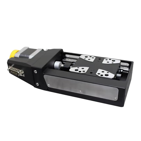 Rock Solid Precision Motorized Linear Translation Stage Featuring Electric Displacement Slide And Heavy Duty Stepper Actuator viewed from the side showing the aluminum construction and smooth movement.