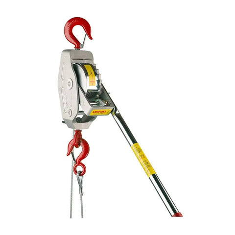 Heavy Duty Cable Come Along Ratchet Winch Hoist With Dual Line Lift, 1.5 Ton Capacity, beefy industrial grade, side view