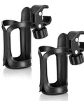 Two black Universal Stroller Cup Holder With 360-Degree Swivel, Spill-Proof Bottle Holder For Strollers, Wheelchairs, And Walkers