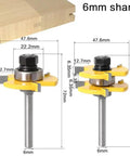 Get Ready To Build Like A Boss With These 2 Pcs Tongue And Groove Router Bits Featuring Sharp Carbide Blades For Flawless Cabinet Joints And Floor Projects. Image shows 6mm shank router bit set with dimensions for precision cuts.
