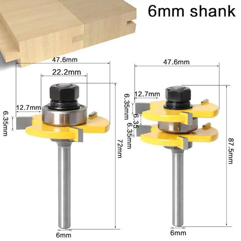Get Ready To Build Like A Boss With These 2 Pcs Tongue And Groove Router Bits Featuring Sharp Carbide Blades For Flawless Cabinet Joints And Floor Projects. Image shows 6mm shank router bit set with dimensions for precision cuts.