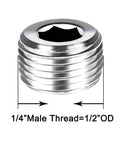 Close-up of a 1/4 inch male thread hex head pipe plug from 12 Piece Stainless Steel Heavy Duty Male Thread Internal Hex Head Pipe Plug Fittings Set