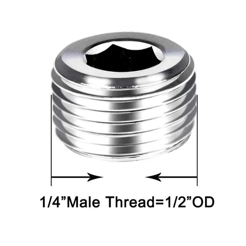 Close-up of a 1/4 inch male thread hex head pipe plug from 12 Piece Stainless Steel Heavy Duty Male Thread Internal Hex Head Pipe Plug Fittings Set