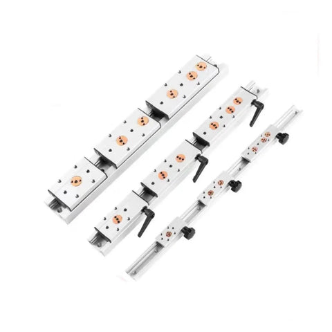 No Sweat Dual Axis Roller Linear Guide Rail Kit For Woodworking Benches Featuring Sgb10 Glide Blocks And Tough Aluminum Rails, showcasing four sizes of glide blocks.