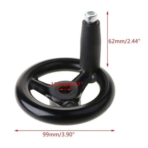 3.9 Inch Hand Wheel With Revolving Handle For Milling Machine, Rock Solid Workhorse, Durable Metal Hand Crank, Threaded Hole For Quick Handle Mount, Industrial Tool Accessory For Lathes, Grinders And Milling Centers, close-up view showing dimensions.