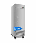 Tough As Nails 27 Wide Commercial Freezer 23 Cubic Ft Stainless Steel Reach In upright freezer with digital display and wheels.