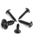 Close-up of Pro Grade 200 Pcs Carbon Steel Self Tapping Screws Kit with black round heads, showing screw details and design.