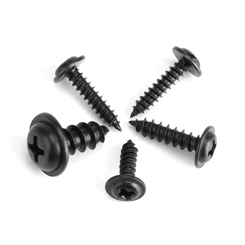 Close-up of Pro Grade 200 Pcs Carbon Steel Self Tapping Screws Kit with black round heads, showing screw details and design.