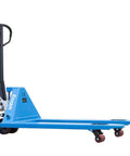 Heavy Duty Manual Pallet Jack Truck With 27X48 Inch Forks Designed To Move 6600 Lb Palletized Cargo Across Warehouse Docks And Home Sheds So You Get Your Hustle Done Effortlessly, blue color, side view
